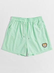 Guys Cartoon Bear Patched Shorts