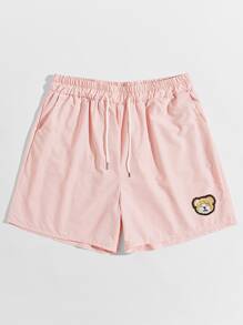 Guys Cartoon Bear Patched Shorts