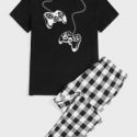 Guys Cartoon Print Shirt & Plaid Pants Set