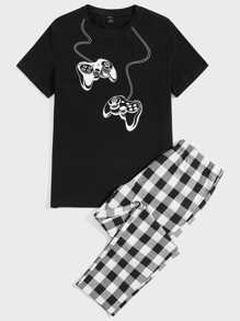 Guys Cartoon Print Shirt & Plaid Pants Set