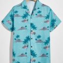 Guys Coconut Tree Graphic Button Front Shirt