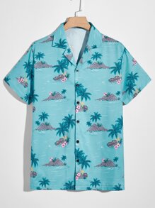 Guys Coconut Tree Graphic Button Front Shirt