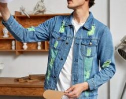 Guys Color-block Ripped Denim Jacket