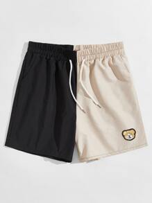 Guys Colorblock Bear Embroidery Drawstring Shorts