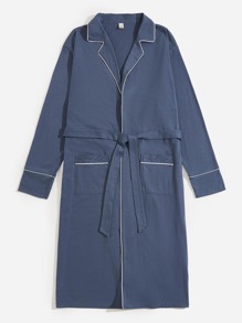 Guys Contrast Binding Dual Pockets Belted Robe