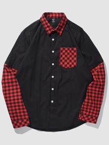 Guys Contrast Gingham Button Front Pocket Shirt