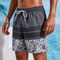 Guys Contrast Panel Striped Drawstring Swim Trunks