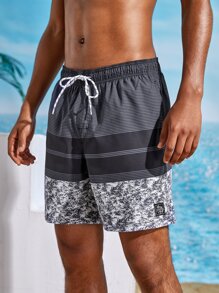 Guys Contrast Panel Striped Drawstring Swim Trunks