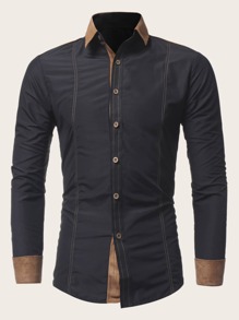 Guys Contrast Panel Topstitching Shirt