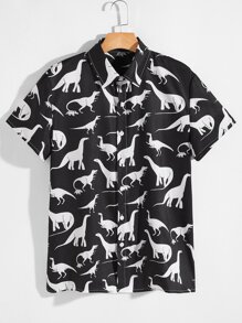 Guys Dinosaur Print Button Up Shirt