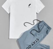 Guys Feather Print Tee & Slogan Graphic Drawstring Waist Sweatpants