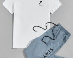 Guys Feather Print Tee & Slogan Graphic Drawstring Waist Sweatpants