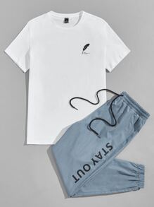 Guys Feather Print Tee & Slogan Graphic Drawstring Waist Sweatpants