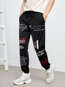 Guys Fire & Slogan Graphic Drawstring Waist Sweatpants