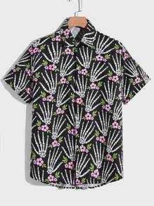 Guys Floral & Skeleton Print Button Front Shirt