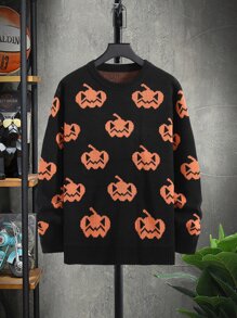 Guys Halloween Pumpkin Print Sweater