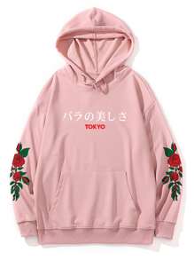 Guys Japanese Letter Rose Graphic Hoodie