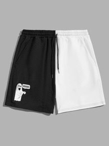 Guys Letter Cartoon Colorblock Drawstring Shorts