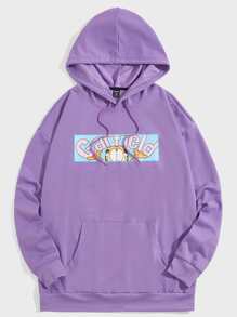 Guys Letter Cartoon Graphic Kangaroo Pocket Drawstring Hoodie