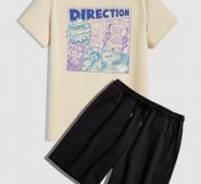 Guys Letter Cartoon Graphic Tee & Drawstring Shorts