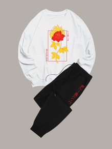 Guys Letter Floral Graphic Sweatshirt & Drawstring Sweatpants