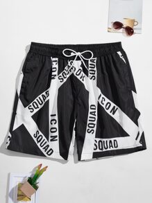 Guys Letter Graphic Drawstring Waist Swim Trunks