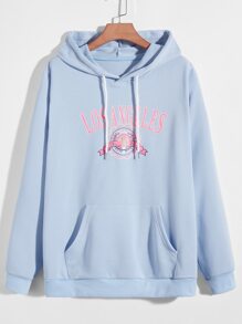 Guys Letter Graphic Kangaroo Pocket Drawstring Hoodie