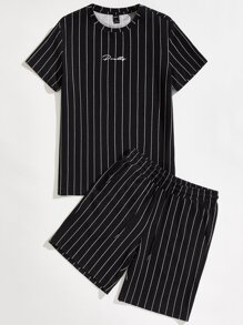 Guys Letter Graphic Striped Tee And Shorts Set