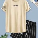 Guys Letter Graphic Tee With Striped Drawstring Waist Shorts