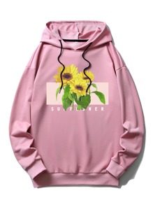 Guys Letter Sunflower Graphic Drawstring Hoodie