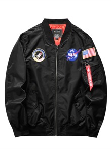 Guys Letter & Flag Patched Zip Front Bomber Jacket