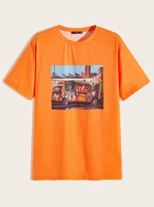 Guys Neon Orange Picture Print Tee