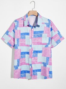 Guys Paisley Colorblock Button Front Pocket Shirt