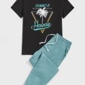 Guys Palm Tree And Letter Graphic Tee & Drawstring Waist Sweatpants