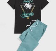 Guys Palm Tree And Letter Graphic Tee & Drawstring Waist Sweatpants