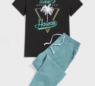 Guys Palm Tree And Letter Graphic Tee & Drawstring Waist Sweatpants