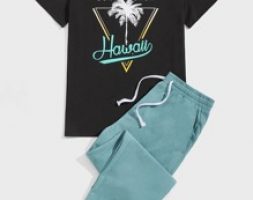 Guys Palm Tree And Letter Graphic Tee & Drawstring Waist Sweatpants