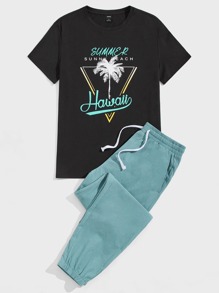 Guys Palm Tree And Letter Graphic Tee & Drawstring Waist Sweatpants