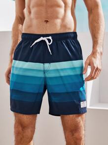 Guys Patched Striped Drawstring Waist Swim Trunks