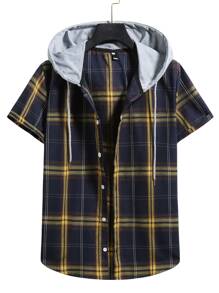 Guys Plaid Button Front Hooded Shirt