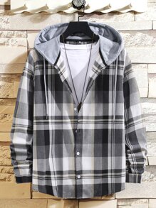 Guys Plaid Drawstring Hooded Shirt Without Tee