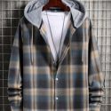 Guys Plaid Print Button Up Drawstring Hooded Shirt Without Tee