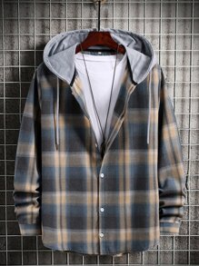 Guys Plaid Print Button Up Drawstring Hooded Shirt Without Tee