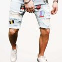 Guys Ripped Letter Patched Raw Hem Denim Shorts