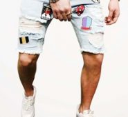 Guys Ripped Letter Patched Raw Hem Denim Shorts
