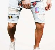Guys Ripped Letter Patched Raw Hem Denim Shorts