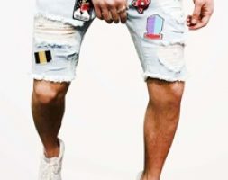 Guys Ripped Letter Patched Raw Hem Denim Shorts