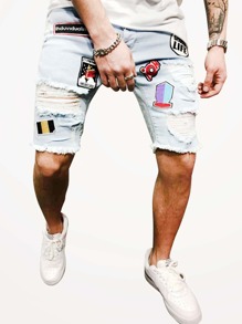 Guys Ripped Letter Patched Raw Hem Denim Shorts