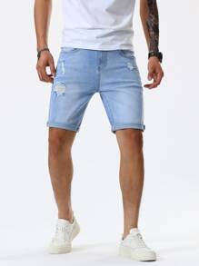 Guys Ripped Roll Up Cuffed Denim Shorts