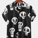 Guys Skull Print Button Front Lapel Collar Shirt